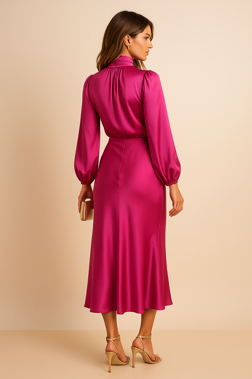 Women's Mother Of The Groom Dress | Midi Length Cowl Neck Puff Sleeve Satin