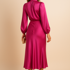 Women's Mother Of The Groom Dress | Midi Length Cowl Neck Puff Sleeve Satin