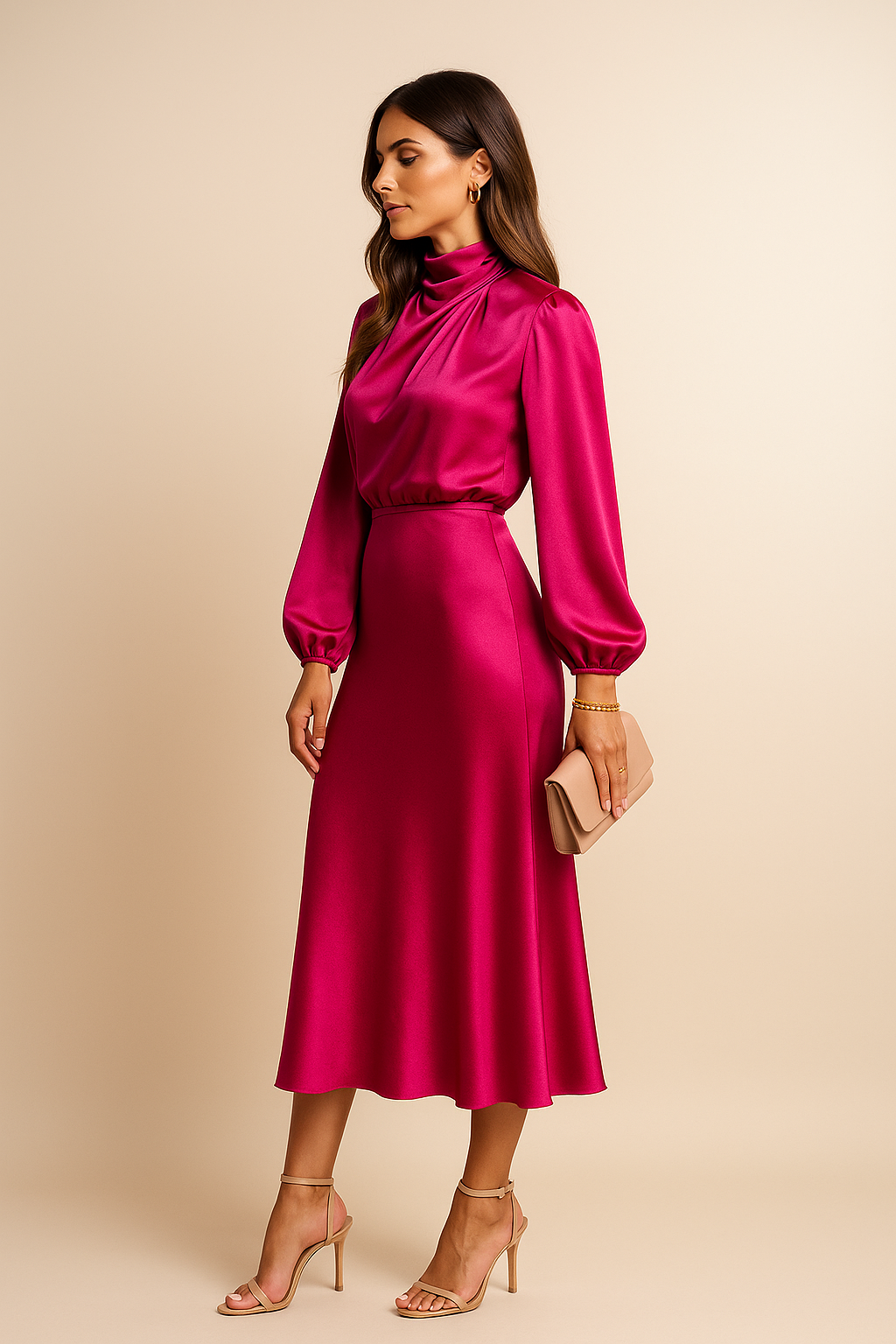 Women's Mother Of The Groom Dress | Midi Length Cowl Neck Puff Sleeve Satin