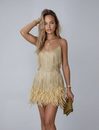 Women's Cocktail Dress | Mini Fringe Feather Sleeveless V-Neck