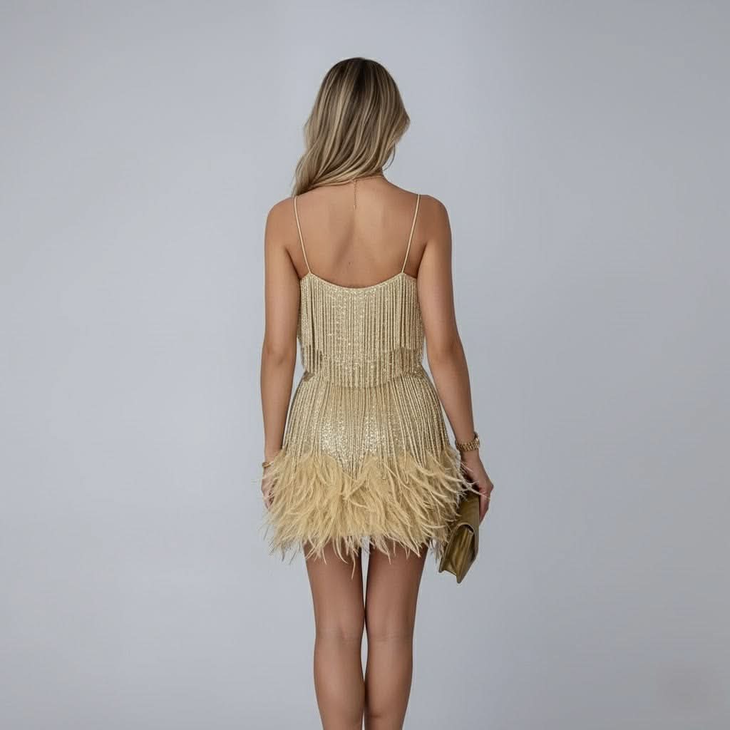 Women's Cocktail Dress | Mini Fringe Feather Sleeveless V-Neck