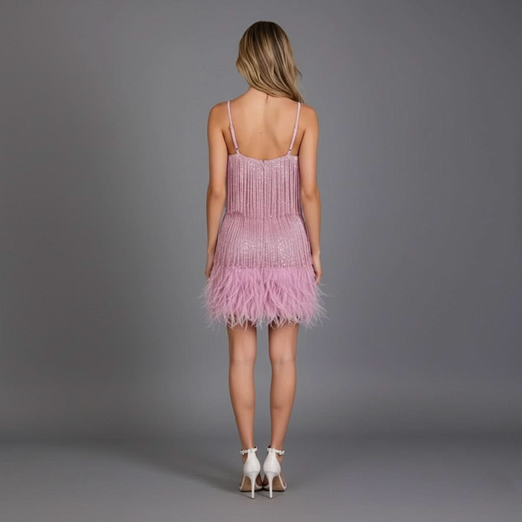 Women's Cocktail Dress | Mini Fringe Feather Sleeveless V-Neck