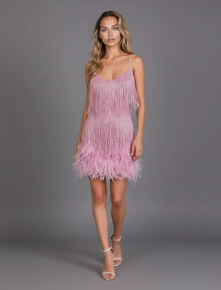 Women's Cocktail Dress | Mini Fringe Feather Sleeveless V-Neck