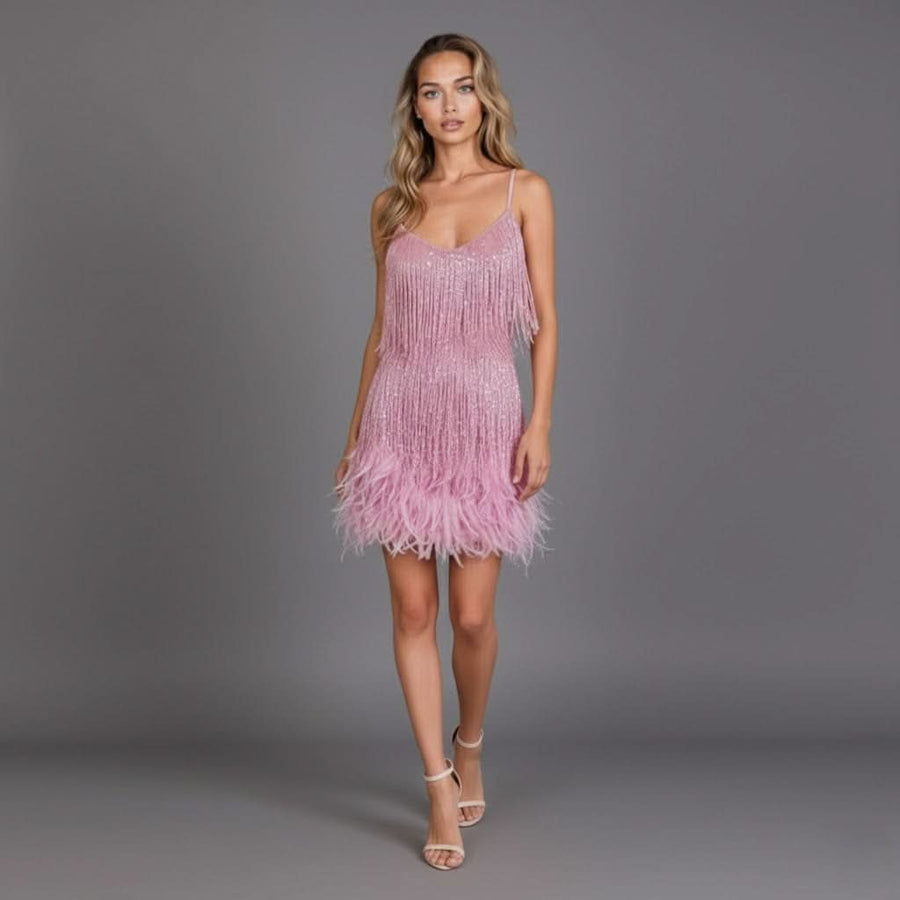 Women's Cocktail Dress | Mini Fringe Feather Sleeveless V-Neck