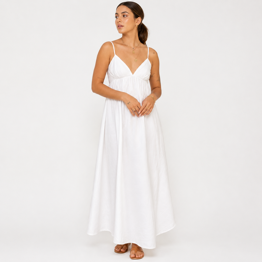 Women's White Dress | Maxi Backless V-Neck Spaghetti Strap