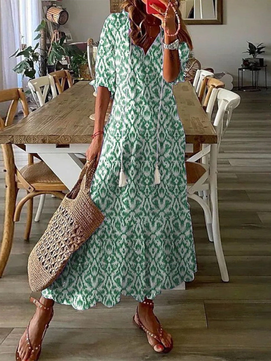 Women's Summer Dress | V-Neck Midi Ikat Print