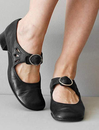 Women's Leather Sandals | Mary Jane Strap Closed Toe Low Heel