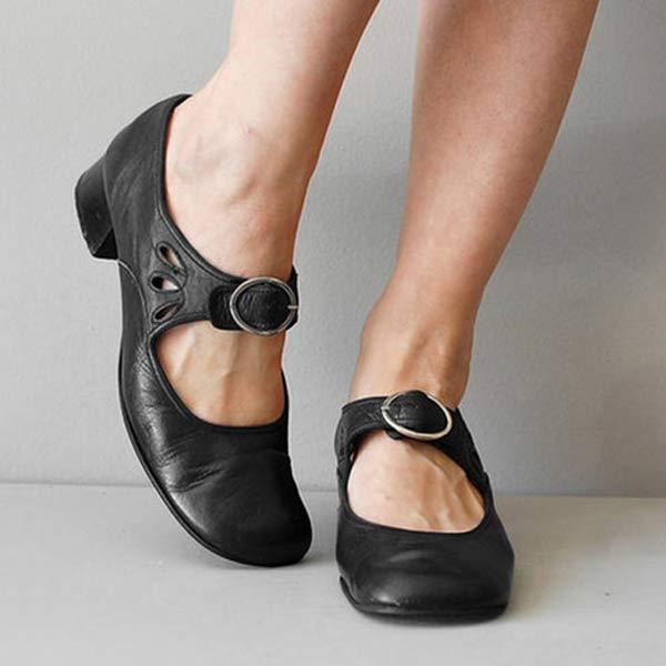 Women's Leather Sandals | Mary Jane Strap Closed Toe Low Heel