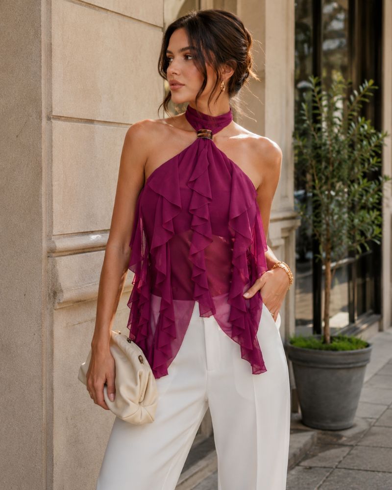 Women's Halter Top | Ruffled Neckline Sleeveless Open Back