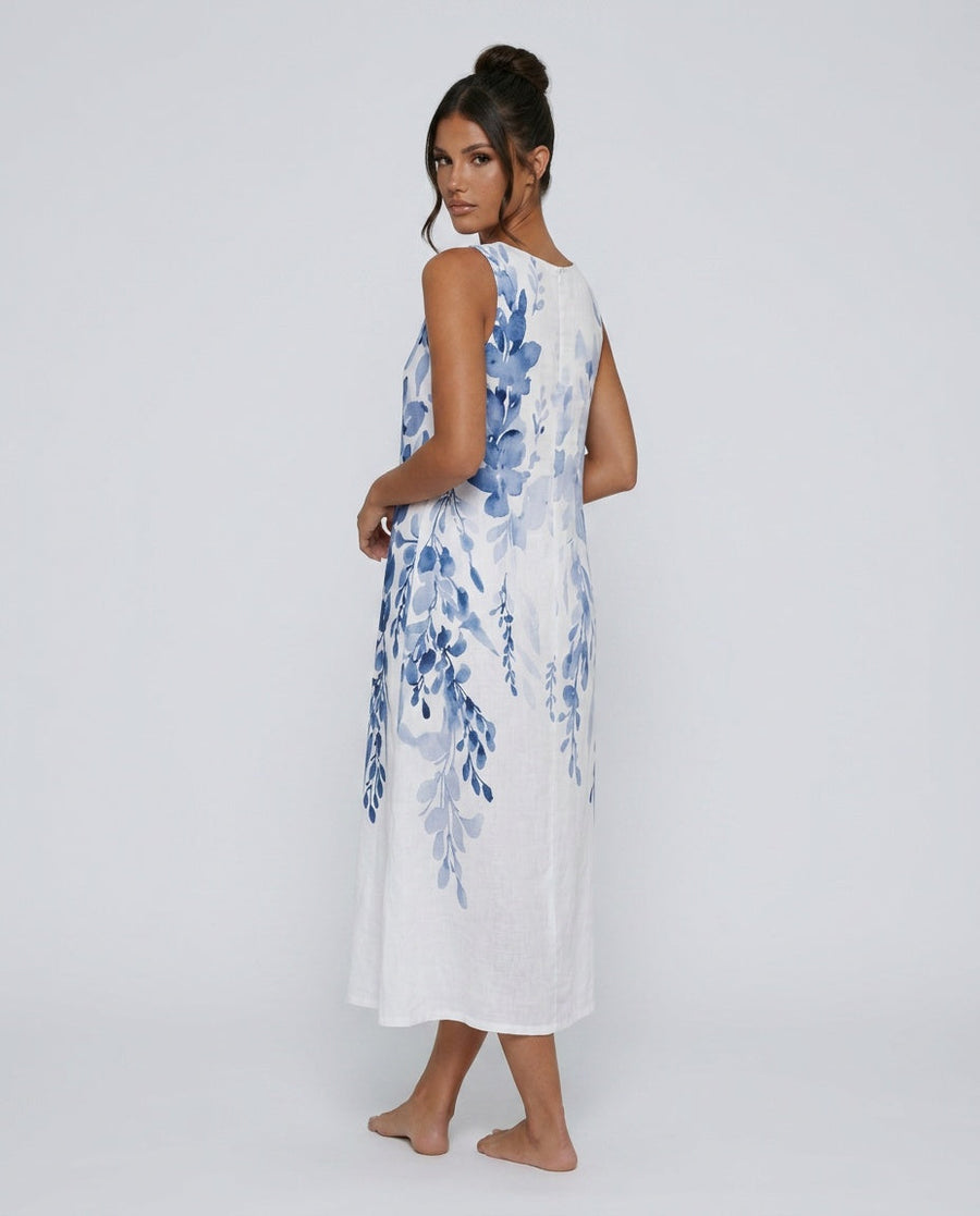 Women's White Dress | Midi V-Neck Sleeveless Floral Print