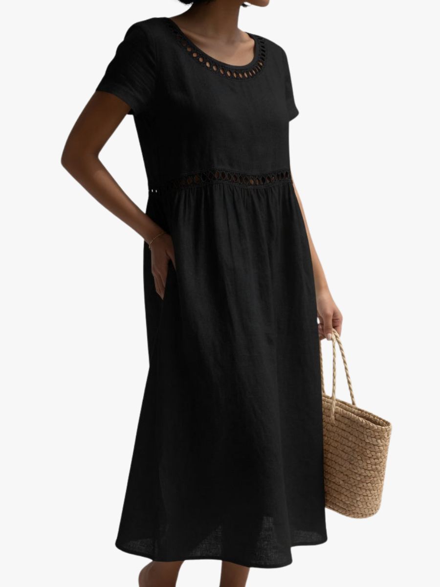 Women's Summer Dress | Midi Length Short Sleeve Embroidered Neckline