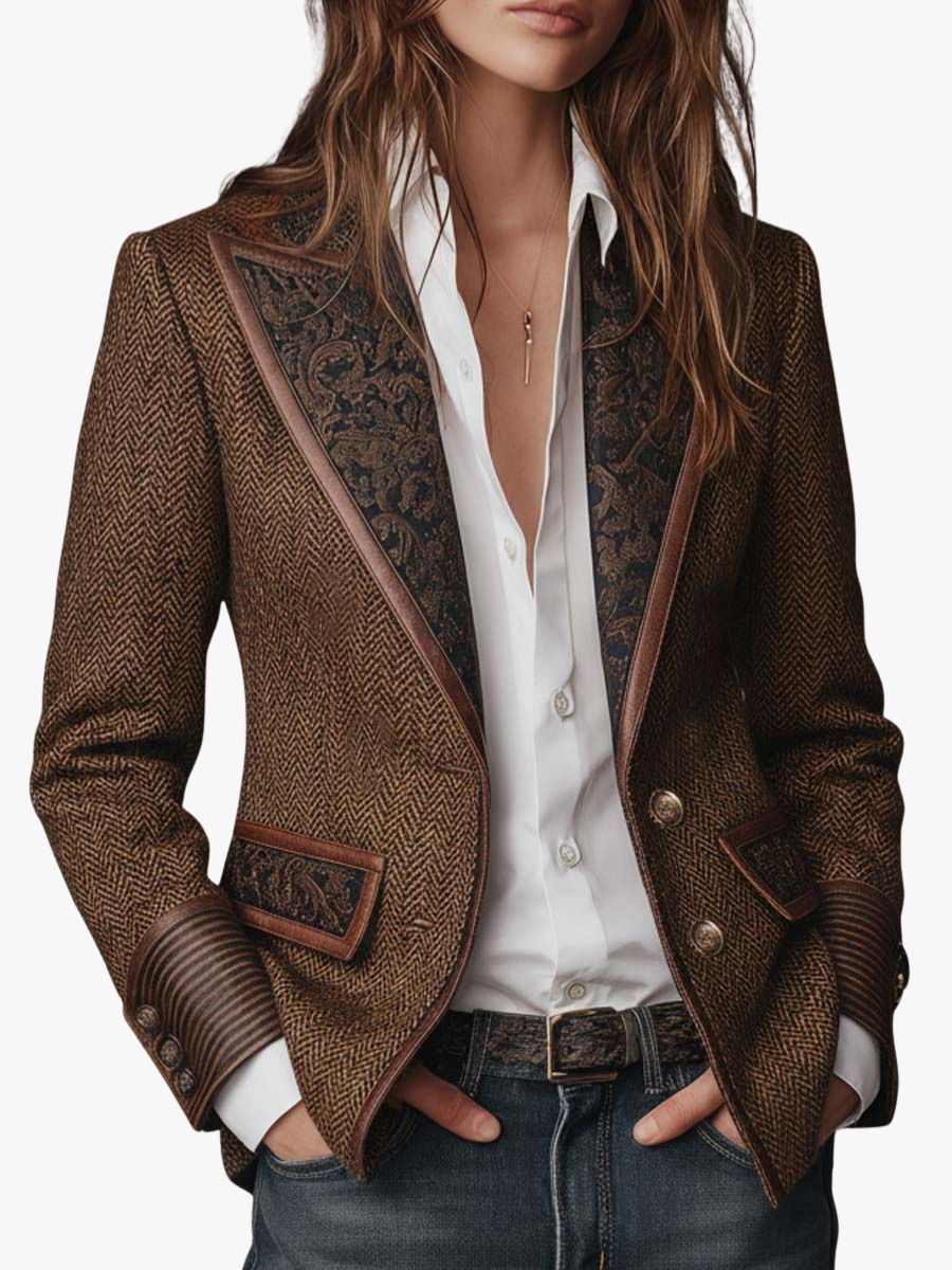 Women's Blazer | Tweed Herringbone Button Closure Tailored