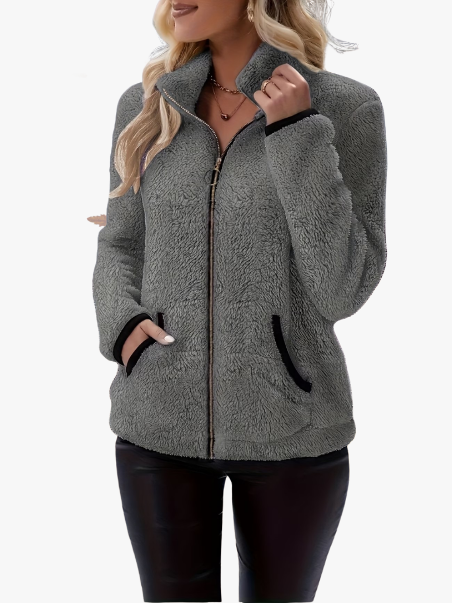 Women's Sherpa Jacket | High Collar Zip Fleece Pockets