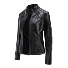 Women's Leather Jacket | Stand Collar Zip Closure Long Sleeve