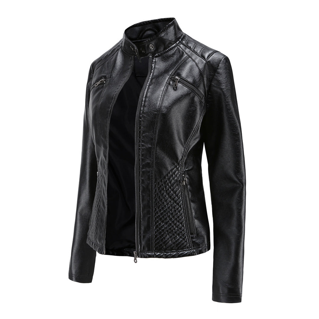 Women's Leather Jacket | Stand Collar Zip Closure Long Sleeve