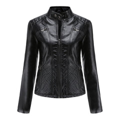 Women's Leather Jacket | Stand Collar Zip Closure Long Sleeve
