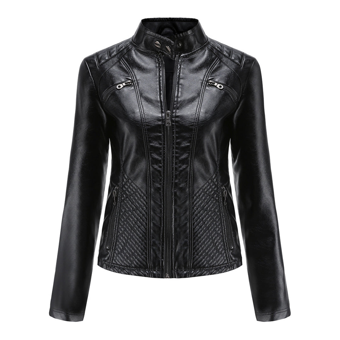 Women's Leather Jacket | Stand Collar Zip Closure Long Sleeve