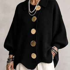 Women's Cardigan | Oversized Lantern Sleeves Scalloped Hem Button Closure