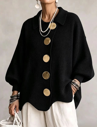 Women's Cardigan | Oversized Lantern Sleeves Scalloped Hem Button Closure