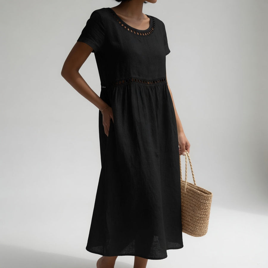Women's Summer Dress | Midi Length Short Sleeve Embroidered Neckline