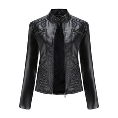 Women's Leather Jacket | Stand Collar Zip Closure Long Sleeve