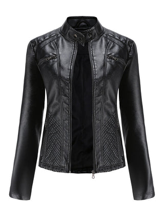 Women's Leather Jacket | Stand Collar Zip Closure Long Sleeve