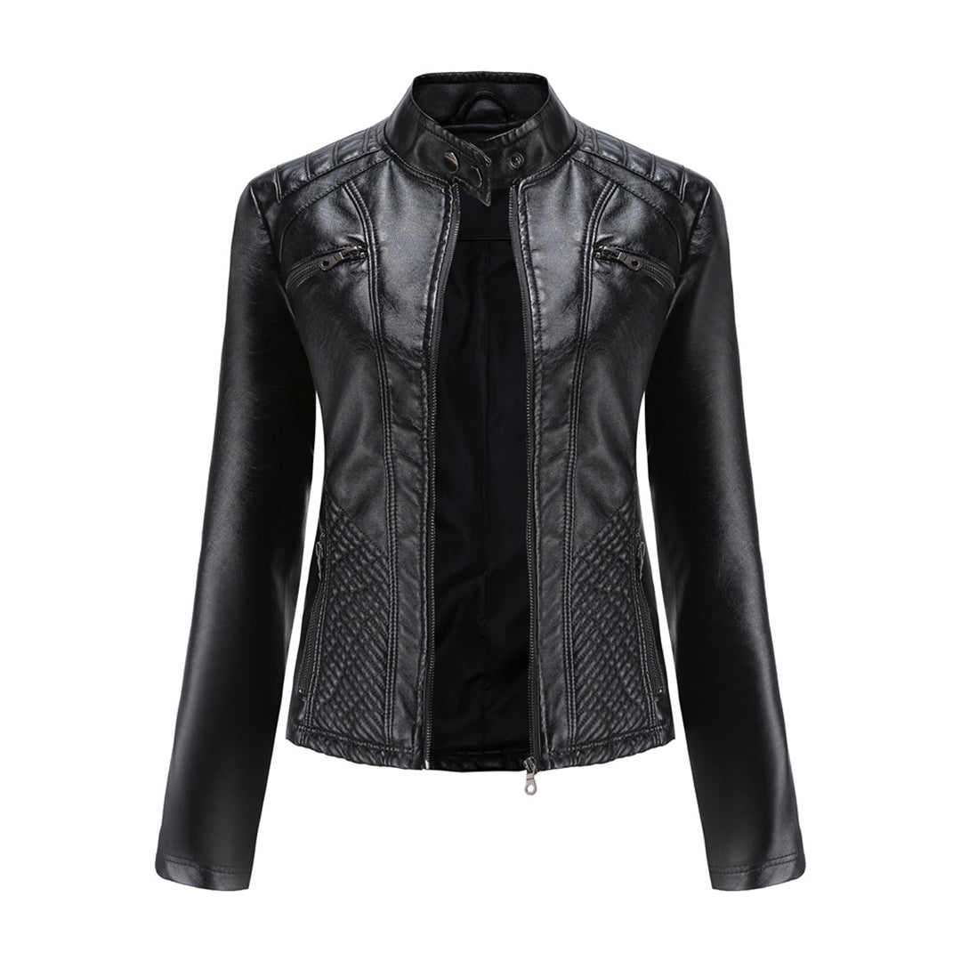 Women's Leather Jacket | Stand Collar Zip Closure Long Sleeve