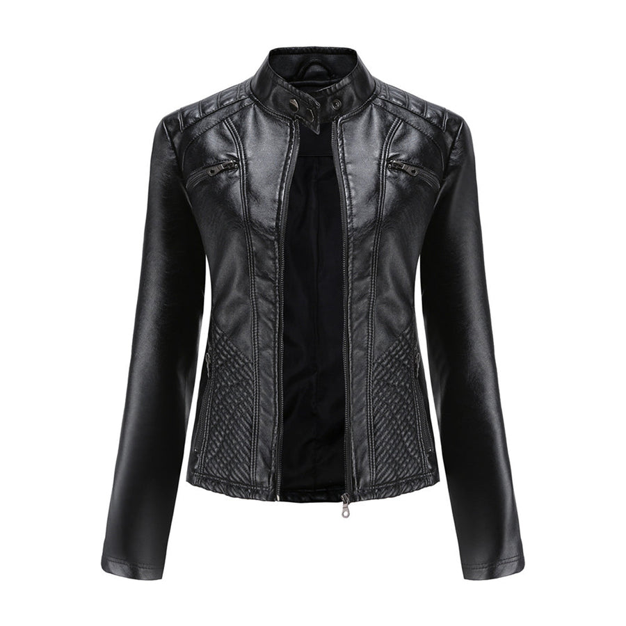 Women's Leather Jacket | Stand Collar Zip Closure Long Sleeve