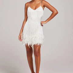 Women's Holiday Party Dress | Mini V-Neck Spaghetti Strap Feather