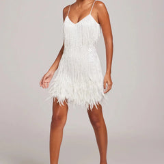 Women's Holiday Party Dress | Mini V-Neck Spaghetti Strap Feather
