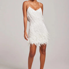 Women's Holiday Party Dress | Mini V-Neck Spaghetti Strap Feather
