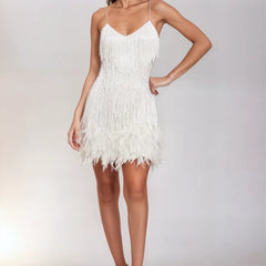 Women's Holiday Party Dress | Mini V-Neck Spaghetti Strap Feather