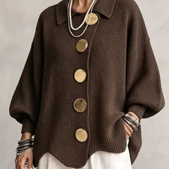 Women's Cardigan | Oversized Lantern Sleeves Scalloped Hem Button Closure