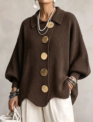 Women's Cardigan | Oversized Lantern Sleeves Scalloped Hem Button Closure