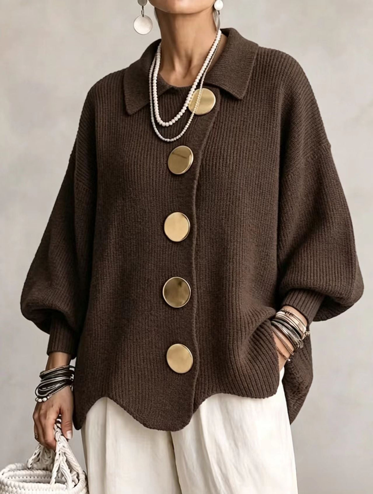 Women's Cardigan | Oversized Lantern Sleeves Scalloped Hem Button Closure