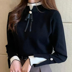 Women's Bow Sweater | Half Collar Knit Long Sleeve Crew