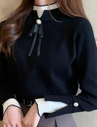 Women's Bow Sweater | Half Collar Knit Long Sleeve Crew