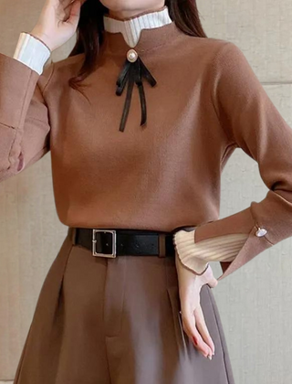 Women's Bow Sweater | Half Collar Knit Long Sleeve Crew