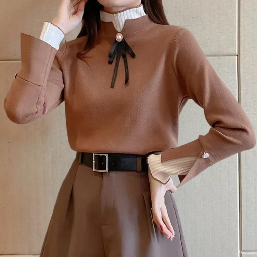Women's Bow Sweater | Half Collar Knit Long Sleeve Crew