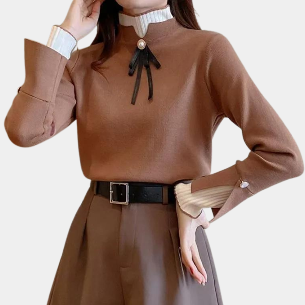 Women's Bow Sweater | Half Collar Knit Long Sleeve Crew