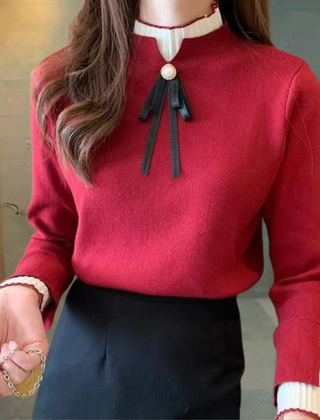 Women's Bow Sweater | Half Collar Knit Long Sleeve Crew