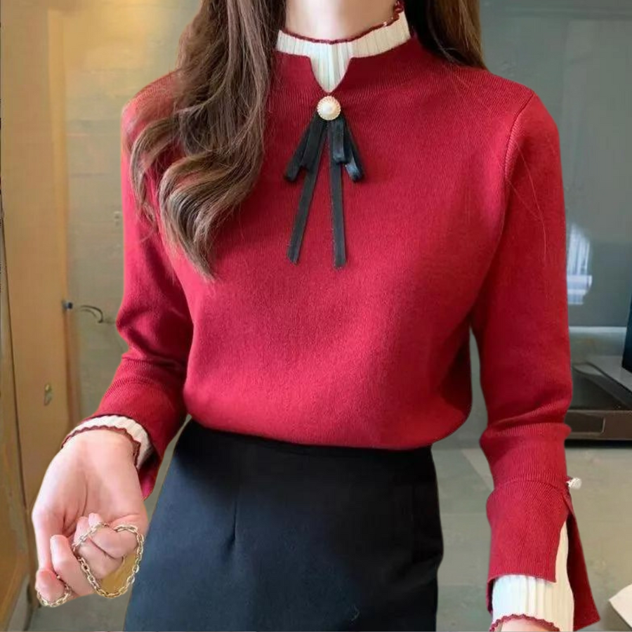 Women's Bow Sweater | Half Collar Knit Long Sleeve Crew