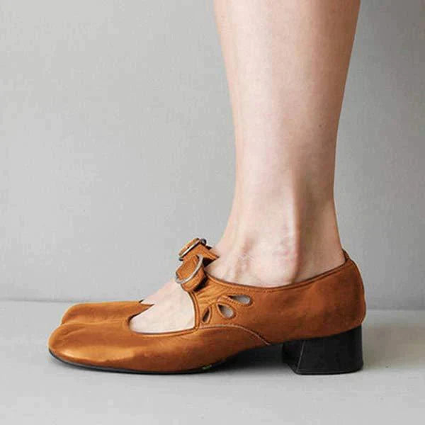 Women's Leather Sandals | Mary Jane Strap Closed Toe Low Heel