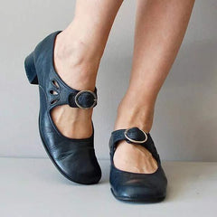 Women's Leather Sandals | Mary Jane Strap Closed Toe Low Heel
