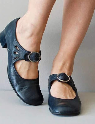Women's Leather Sandals | Mary Jane Strap Closed Toe Low Heel