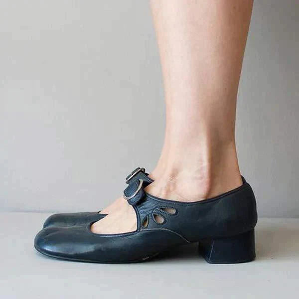 Women's Leather Sandals | Mary Jane Strap Closed Toe Low Heel