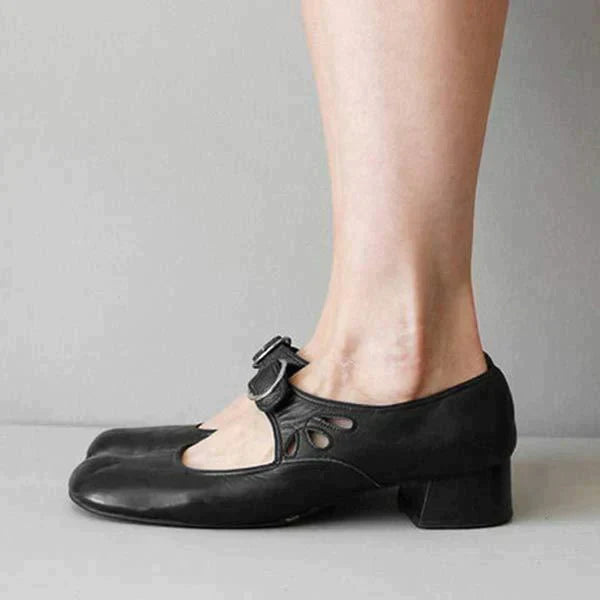 Women's Leather Sandals | Mary Jane Strap Closed Toe Low Heel