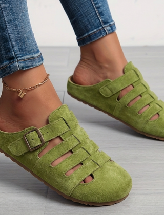 Women's Closed Toe Sandals | Buckle Strap Suede Cut-Out Mule