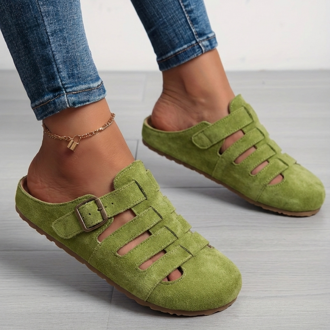Women's Closed Toe Sandals | Buckle Strap Suede Cut-Out Mule