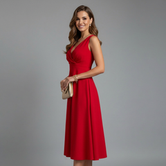 Women's Cocktail Dress | Midi V-Neck Sleeveless Back Zip